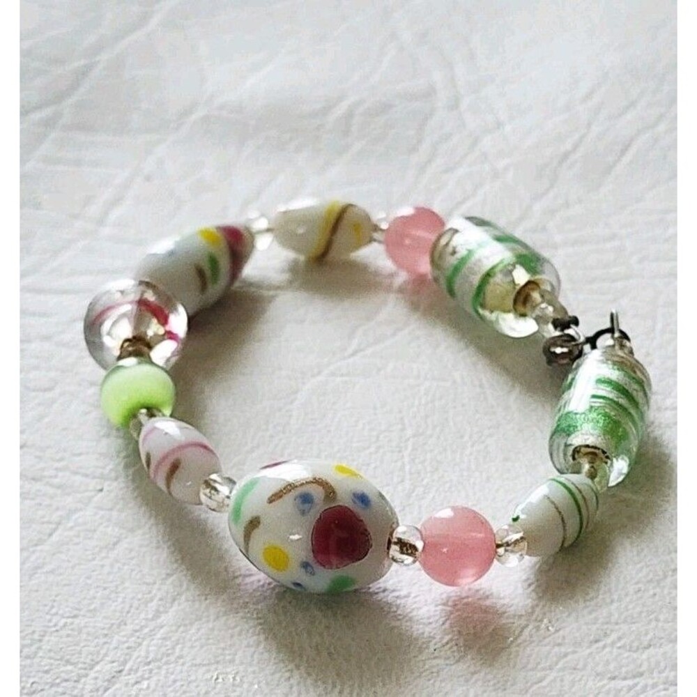 VINTAGE 925 STERLING SILVER, LAMPWORK ART GLASS BEAD BRACELET 7.5